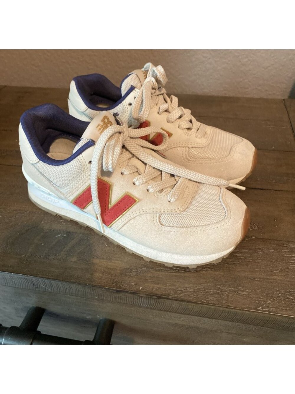 Women’s New Balance 574 Size 6 Tan Pink Gold Blue JC2